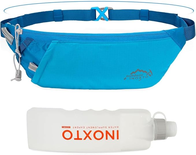 INOXTO Slim Running Belt Fanny Pack for Women and Men Sports Waist Bag Pack with 300ml Water Bottle for Running Walking Cycling Hiking Reflective Running Pouch Belt for All Phones (Blue)