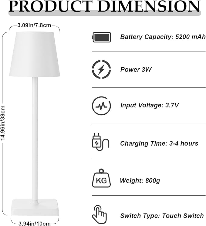 HASUN 2Pack Cordless Table Lamp, LED Rechargeable Desk Lamp, 5200mAh Battery Table Light, Aluminum Shell, 3 Color Stepless Dimming for Outdoor/Patio/Camping White