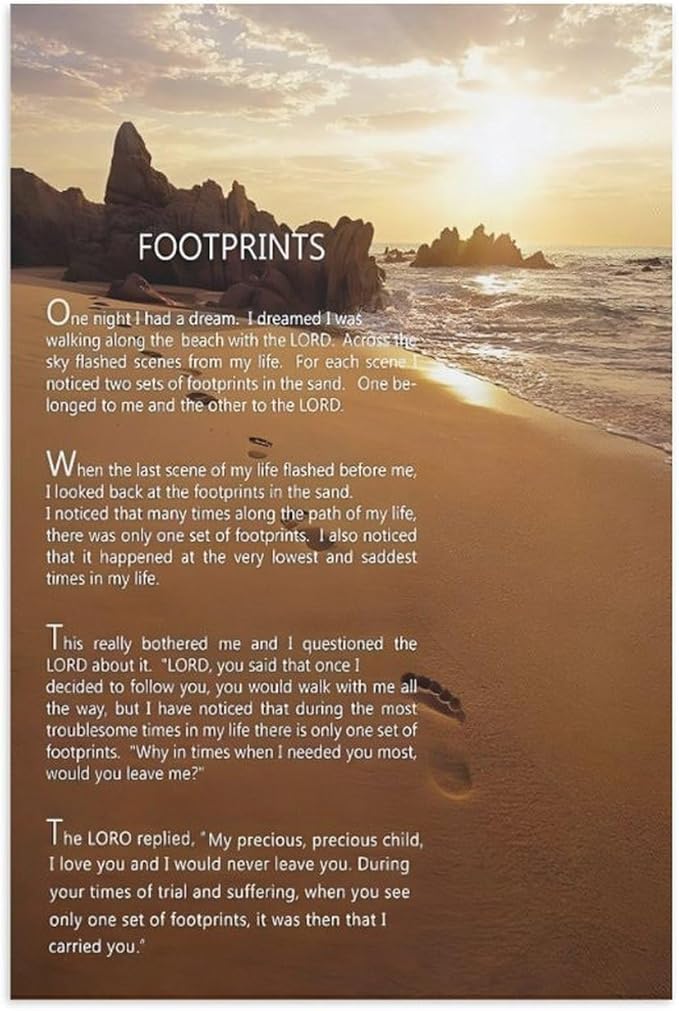 Footprints in the Sand Religious Canvas Wall Art Posters, Inspirational Beach Sunset Poem Print Poster (Unframed 24x36inch, Footprints(2))