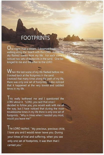 Footprints in the Sand Religious Canvas Wall Art Posters, Inspirational Beach Sunset Poem Print Poster (Unframed 24x36inch, Footprints(2))