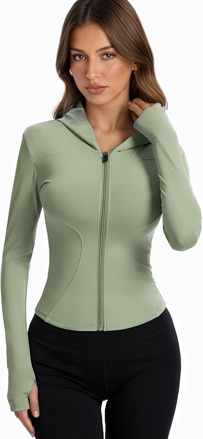 Women Bbl Jackets with Hood Compression Workout Tops Lined or Unlined Lightweight Yoga Gym Jacket with Thumb Hole