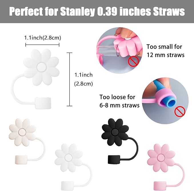 4PCS Silicone Straw Covers Toppers for Stanley Cups 30&40 Oz Tumbler Accessories Flower Straw Caps Mixed Color Dust-Proof Reusable Straws Tips Protectors for Stanley Cup 10mm 0.4in Straws