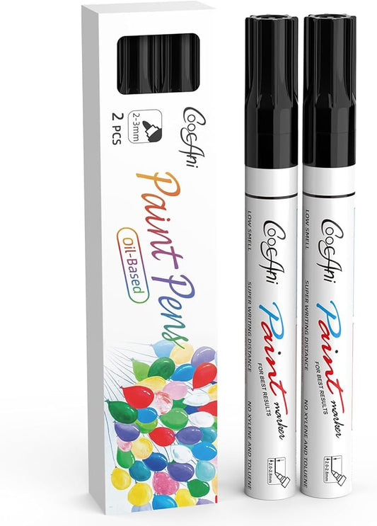 2 Pack Black Paint Markers, Oil Based Quick Drying and Waterproof Paint Markers for Wood, Rock Painting,Metal,Canvas,DIY Crafts,Art Supplier,Medium Point Tip (Black)