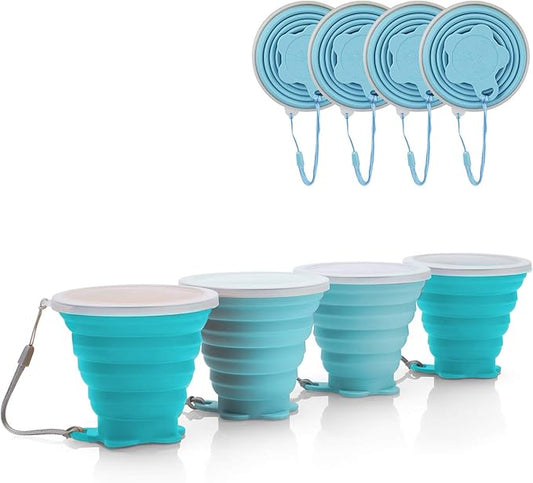 JBER Silicone Collapsible Travel Cup, 4 Pack Silicone Folding Camping Cup with Lids Expandable Drinking Cup Set BPA Free Reusable Portable Graduated for Outdoor Hiking Travel