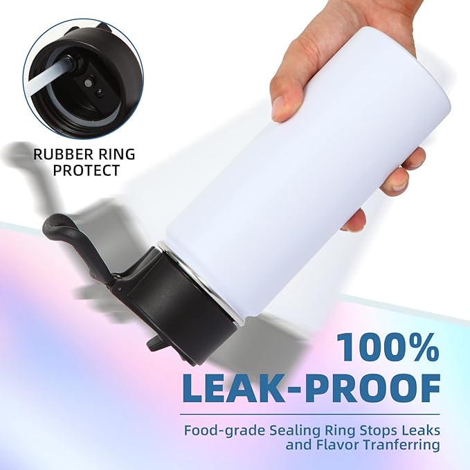 Volhoply Kids Insulated Water Bottle with Straw,16oz Stainless Steel Cold Water Bottles for School,BPA-Free Metal Wide Mouth Cups with Handle Lid,Reusable Double Wall Vacuum Sport Flask(White,1)