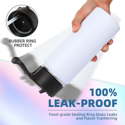 Volhoply 16 OZ Kids Water Bottle Bulk 2 Pack,Insulated Sports Bottles with Straw Lid,Stainless Steel Bottle with Handle Keep Cold & Hot,Double Wall Vacuum Tumbler Cups for School,Girls(White, 2)