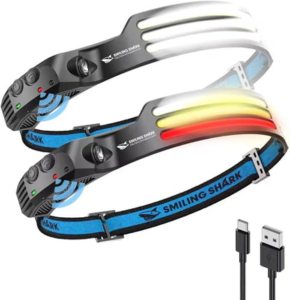 Smiling Shark LED Headlamps, 230°Wide Angle 3*Multi-Color Light Strips 2 Packs Head Lamp Rechargeable with Motion Sensor Waterproof Headlight for Camping Hiking Outdoor, Head-Lamp-LED-Hat-Light