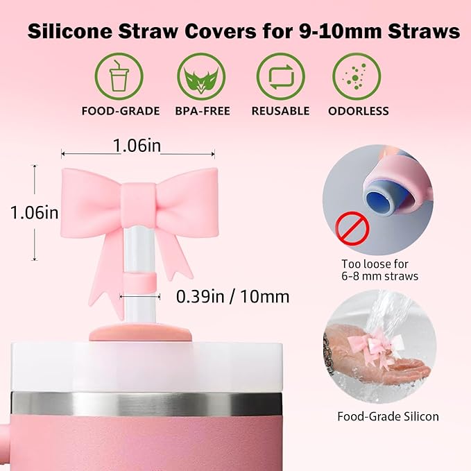 Pink Bow for Stanley Straw Topper- 3pcs Cute Cup Bow Straw Cover Silicone Cap 10mm with 2pcs Initial Letter Charms Name Id Personalized Accessories 40/30 Oz Tumbler Water Bottle Cups N