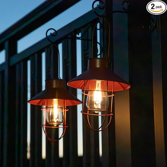 2 Pack Solar Lantern Hanging Waterproof Outdoor Metal Solar Lamp with Wall Hooks Warm White Light Decorate for Yard Garden Pathway Patio Porch Decor(Red)
