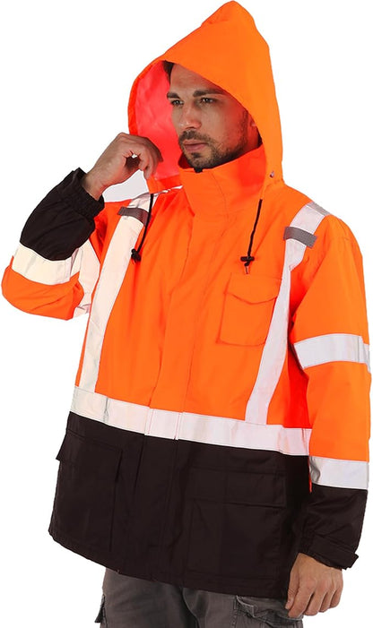 sesafety Hi Vis Rain Jacket, Rain Suits for Men Waterproof withBlack Bottom, Rain Coats for Men Interior Mesh, Class 3 HighVisibility Rain Gear,Removable Hood