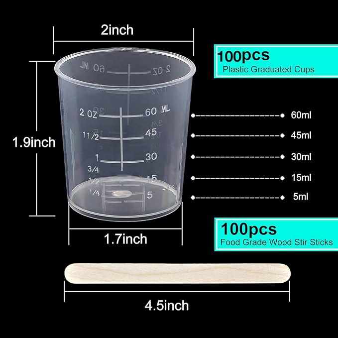 100 Pack 60ml/2oz Transparent Measuring Cups Reusable Clear Plastic Graduated Epoxy Mixing Cups with 100 Pack Wooden Stirring Sticks for Liquids Resin, Epoxy, Stain, Mixing Paint, School Labs
