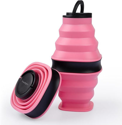 Collapsible Water Bottles with Anti-Collapse Ring,600ml Foldable Water Bottle BPA Free Reusable Lightweight LeakProof Silicone for Travel Hiking Camping Gym Sports，Collapses to 1.5” Pink
