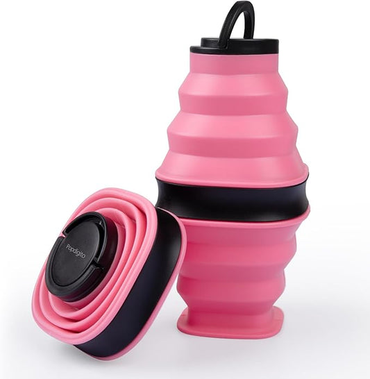 Collapsible Water Bottles with Anti-Collapse Ring,600ml Foldable Water Bottle BPA Free Reusable Lightweight LeakProof Silicone for Travel Hiking Camping Gym Sports，Collapses to 1.5” Pink