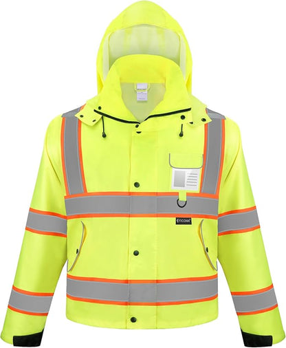 TICONN Reflective Rain Jacket Safety Jacket, Waterproof Hi Vis Rain Coat, Class III High Visibility Coat (Yellow&Black, S)