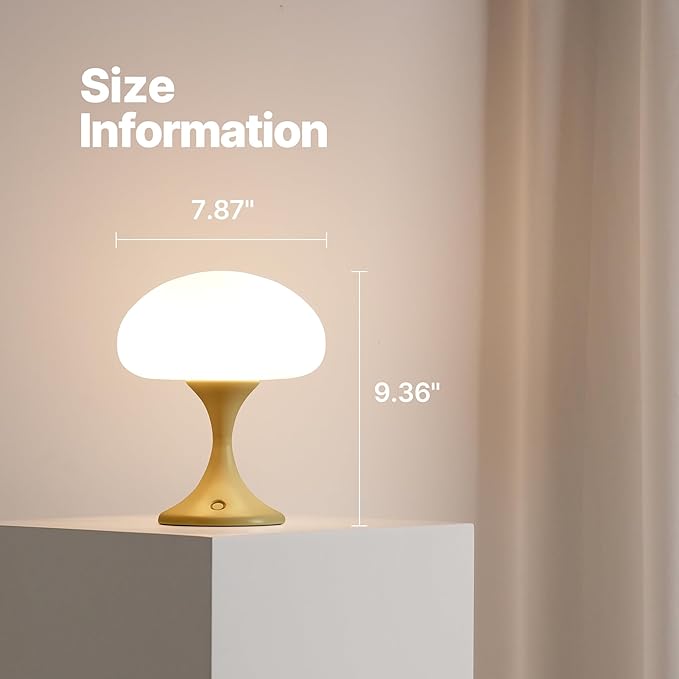 Mushroom Lamp, 5W LED Cordless Rechargeable Table Lamp with Glass Shade, Small Retro Dimmable Touch Light with 3 Color Temps, Aesthetic Mid Century Bedside Light for Bedroom Ambient, Mustard