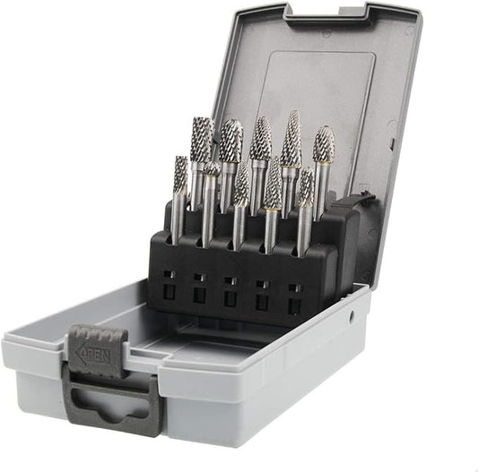 Carbide Burrs Set 1/4 Inch Shank Double Cut Solid Carbide Rotary Burr Set for Die Grinder Drill, Metal Carving, Polishing, Engraving, Drilling(10pcs)