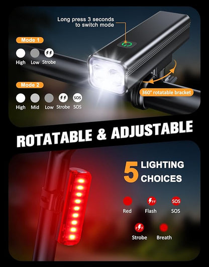 Bike Lights, 1200 Lumen USB Rechargeable LED Bike Light Set, Super Bright Bicycle Lights Front & Back Tail Light, Aluminum Alloy Cycling Bike Flashlight Torch, 5 Light Modes, IPX5 Waterproof