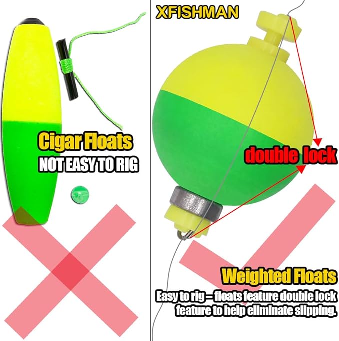 XFISHMAN Weighted-Bobbers-for-Fishing-Floats-Bouy Slip Bobber Fishing Corks Kit Crappie Bluegills Panfish Catfish Hand Made Foam Float 1 Inch 2 in 8-12 Pack