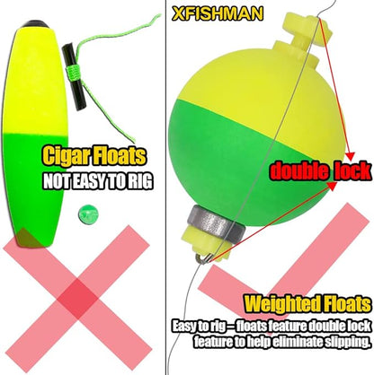 XFISHMAN Weighted-Bobbers-for-Fishing-Floats-Bouy Slip Bobber Fishing Corks Kit Crappie Bluegills Panfish Catfish Hand Made Foam Float 1 Inch 2 in 8-12 Pack