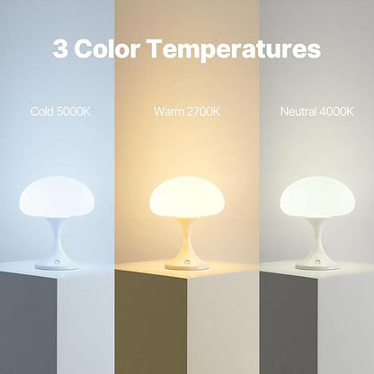 Mushroom Lamp, 5W LED Cordless Rechargeable Table Lamp with Glass Shade, Small Retro Dimmable Touch Light with 3 Color Temps, Aesthetic Mid Century Bedside Light for Bedroom Ambient, White