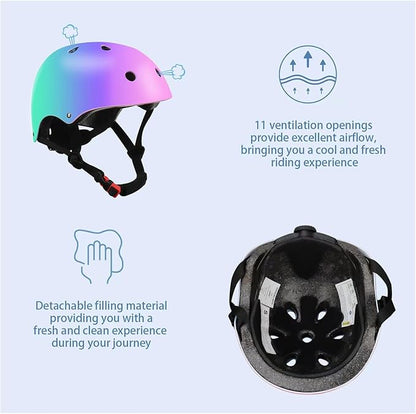 Color Gradient Adjustable Kids Bike Helmet with Knee & Elbow Pads Set | Multi-Sport Safety Gear for Boys & Girls Ages 5-14 | Skateboarding, Scooters, Roller & Inline Skating, Longboarding
