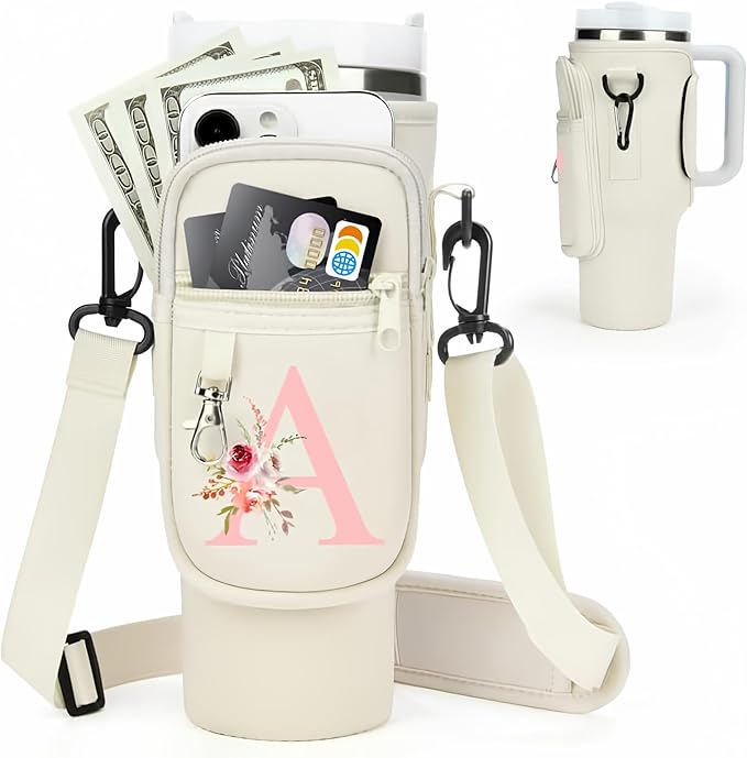 Initial Water Bottle Holder with Strap for Stanley 40 oz Tumbler/Simple Modern 40 oz Tumbler,Water Bottle Carrier Bag with Strap,Personalized A-Z Phone Pocket for Stanley Cup Accessories