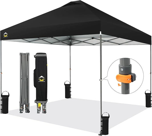 CROWN SHADES Adjustable Height on The Fly, 10x10 Pop Up Canopy - Beach Tent with One Push Setup - Easy Outdoor Sun Shade for Events, Parties, Camping - Outside Shade with STO-N-Go Bag, Black