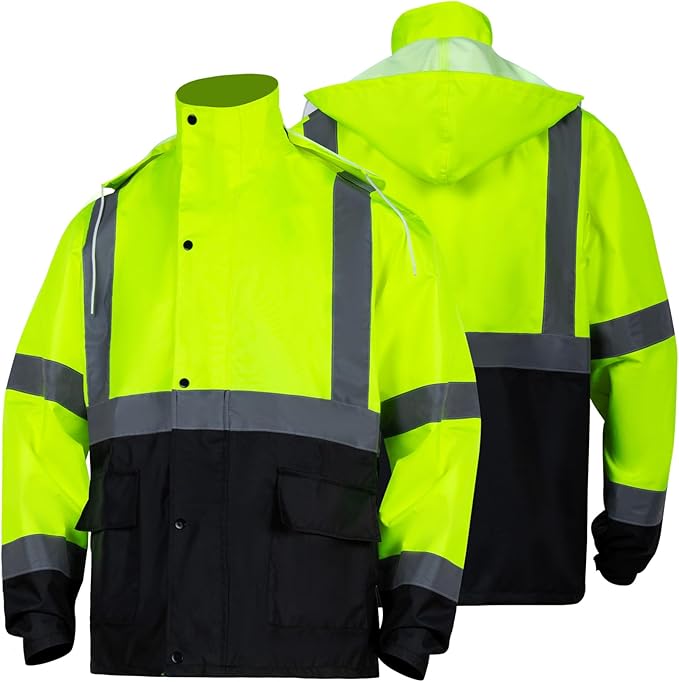 FONIRRA Class 3 High Visibility Rain Suit With Detachable Hood Waterproof Lime Reflective Safety Worker Jacket & Pants (2XL/3XL Yellow)