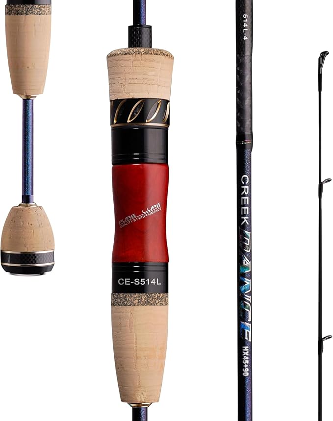 PURELURE Creek Dance Travel Ultralight Fishing Rods Spinning 2/3/4 Piece Portable BFS Casting Rod Solid Tip TORAY Carbon Fiber, Full Fuji Alconite Guides, Red Willow Wood Reel Seat AAA Cork Handle