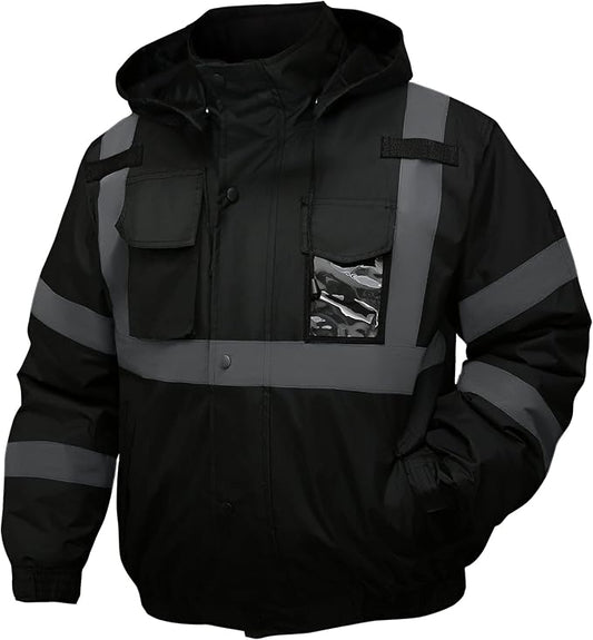 Safety jacket for men,Reflective high Visibility Hooded jacket,Hi-Vis Bomber Jacket with Pockets and Zipper,Waterproof,Black Bottom,ANSI/ISEA 107-2020 Type R Class 3,Black