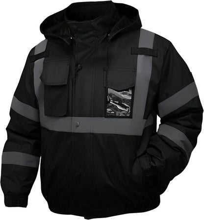 Safety jacket for men,Reflective high Visibility Hooded jacket,Hi-Vis Bomber Jacket with Pockets and Zipper,Waterproof,Black Bottom,ANSI/ISEA 107-2020 Type R Class 3,Black