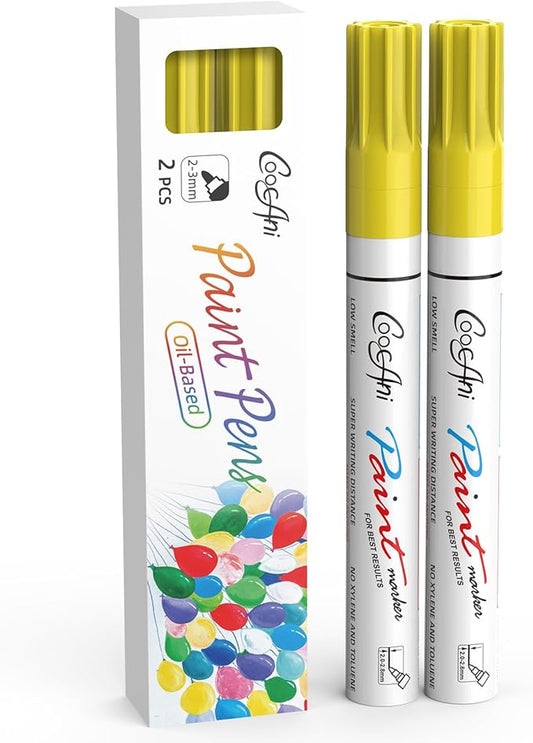 Permanent Paint Marker Pens, 2 Pack Yellow Oil Based Waterproof and Quick-Dry Paint Markers with 2-3mm Medium Point for Wood,Rock Painting, Ceramic, Glass, Fabric,Metal,Canvas (Yellow,2 Pack)