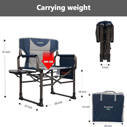SUNNYFEEL Oversized Camping Directors Chair Blue Portable Folding Chair for Adults Support 600lbs with Side Pocket and Side Table for Beach, Fishing, Trip, Picnic, Lawn, Outdoor Foldable Camp Chairs