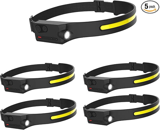 5x Rechargeable Headlamp LED 350 Lumen Bright Head Lamp with Motion Sensor Lightweight USB Head Light Comfortable Headband with Wide Beam 5 Mode Waterproof Head Flashlight for Outdoor Running Camping