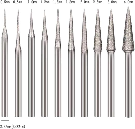 𝐋𝐮𝐨 𝐤𝐞 10 Pcs Cone Shape Diamond Burr - 3/32'' Shank Diamond Cone Burs Stone Carving Bits for Rotary Tools includes Dremel