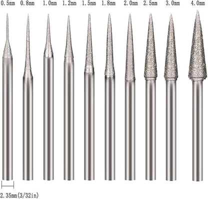 𝐋𝐮𝐨 𝐤𝐞 10 Pcs Cone Shape Diamond Burr - 3/32'' Shank Diamond Cone Burs Stone Carving Bits for Rotary Tools includes Dremel
