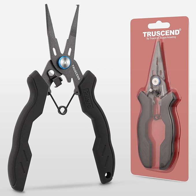 TRUSCEND Lockable Handy Fishing Pliers with Innovative Ergonomic Handle, Saltwater Corrosion Resistant Teflon Coated Fishing Tool, Multi-Function Fishing Gear with Mo-V Cutter