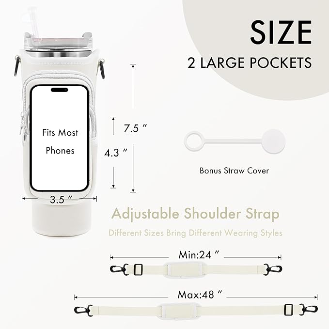 Water Bottle Carrier Bag with Phone Pocket for Stanley Cup 40/30 oz, Water Bottle Holder with Adjustable Strap& Straw Cover, Stanley Cup Accessories