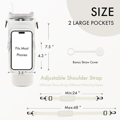 Water Bottle Carrier Bag with Phone Pocket for Stanley Cup 40/30 oz, Water Bottle Holder with Adjustable Strap& Straw Cover, Stanley Cup Accessories