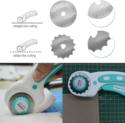 Headley Tools 45mm Rotary Cutter with 9pcs Extra Rotary Blades, Ergonomic Rolling Cutter with Safety Lock for Fabric, Sewing, Quilting, Cloth, Paper, Leather, Crafting, Fabric Rotary Cutter (Cyan)