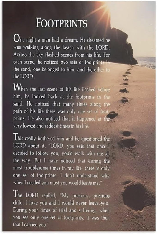 Footprints in the Sand Religious Canvas Wall Art Posters, Inspirational Beach Sunset Poem Print Poster (Unframed 12x18inch, Footprints(7))