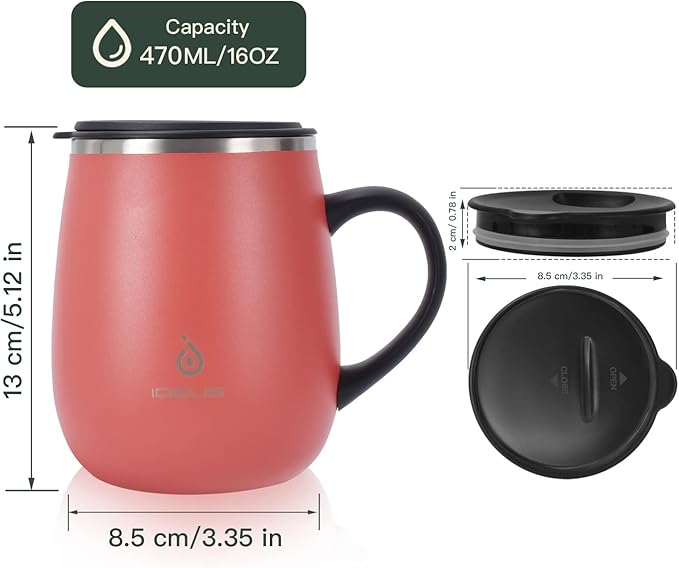Ideus 16 oz Insulated Coffee Mug with Handle and Lid, Double Wall Stainless Steel Vacuum Thermal Coffee Mug, Travel Coffee Cup Thermal Cup for Home and Office, Jellyfish Red