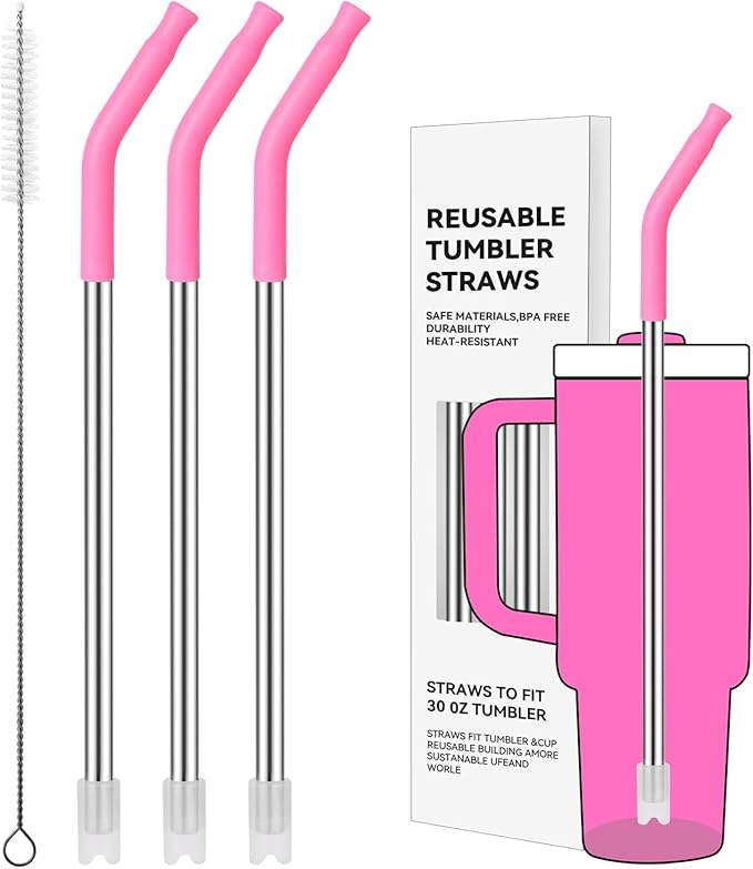 Reusable Metal Straws with Silicone Tip for Stanley 30oz,Stainless Steel Drinking Straws for 30oz Tumbler,3 Straight Tubes & 6 Tips& 1 Cleanr Brush (Vivid Violet)