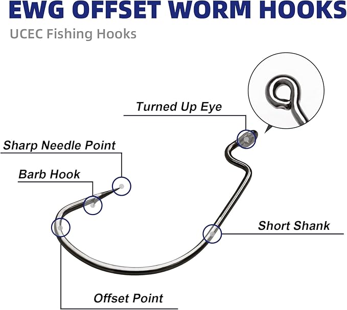 UCEC Fishing Hooks, 140PCS/ 100PCS/ 60PCS EWG Offset Worm Hooks Bass Hooks Wide Gap 2X Strong Senko Bait Texas Rig Jig Fish Hooks for Bass Trout Saltwater Freshwater Size:#4#2#1 1/0 2/0 3/0 4/0 5/0
