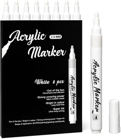 White Markers Pen, 8 Pack Paint Pens, Fine Tip Acrylic White Permanent Markers for Sketching, Drawing, Wood, Rock, Tyres, Plastic, Leather, Glass, DIY Painting