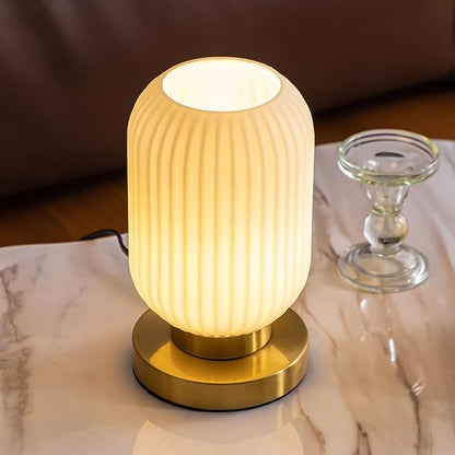 Modern Ribbed Glass Table Lamps Mid Century Bedside Light Small Nightstand Lamp with Plug-in Style, E26 Ambient Lighting for Bedroom Living Room Tabletop, Milky White