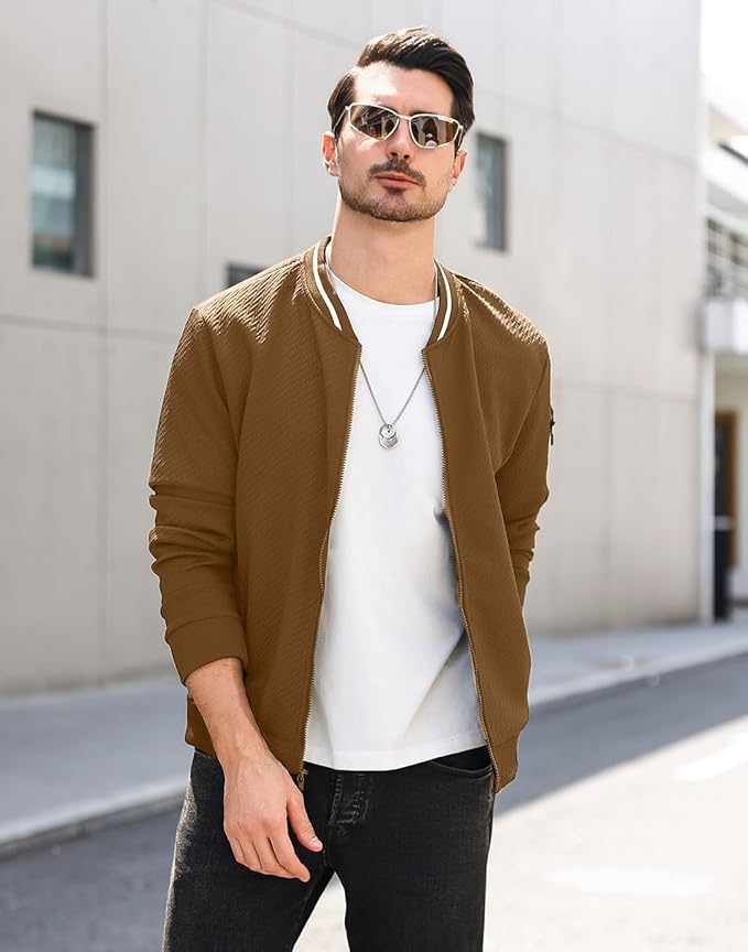 Mens Casual Jacket Loose Fit Lightweight Jacket Varsity Bomber Jacket with Zipper