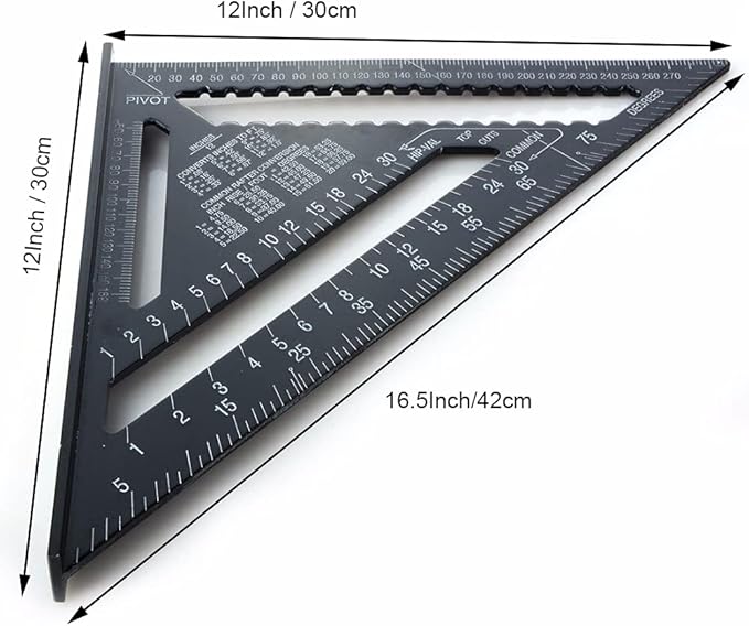 ASNOMY 7 Inch & 12 Inch Triangle Ruler, Black Triangle Ruler Rafter Square Protractor, High Precision Aluminum Alloy Triangle Rulers,Layout Measuring Tool for Engineer Carpenter（Metric and Imperial）