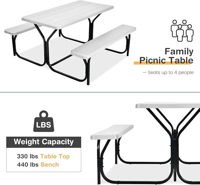 Tangkula Picnic Table Bench Set, Outdoor Picnic Table with 2 Benches, Metal Camping Table with Plastic Wood-Like Texture Tabletop & Steel Frame, Ideal for Picnic, Party, Garden, Lawn (White)