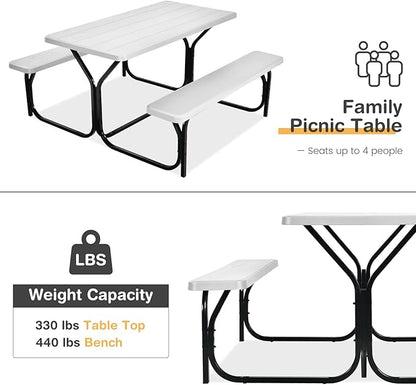 Tangkula Picnic Table Bench Set, Outdoor Picnic Table with 2 Benches, Metal Camping Table with Plastic Wood-Like Texture Tabletop & Steel Frame, Ideal for Picnic, Party, Garden, Lawn (White)